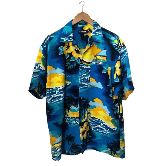 Koman Sport Other - Koman VTG Shirt Mens Hawaiian Blue Yellow Floral Tropical Colorful Vacation M